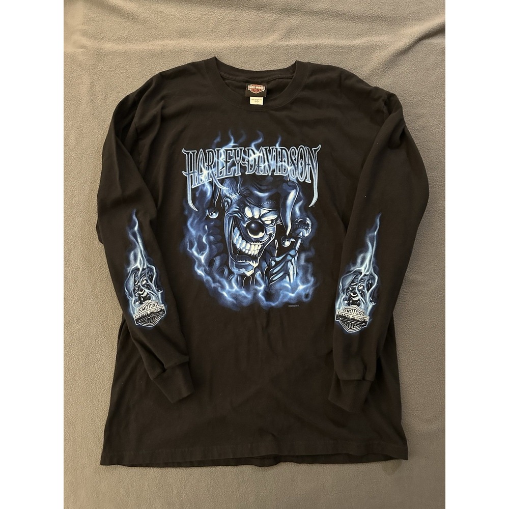 Vintage Y2K Harley Davidson Motorcycle Blue Flame Clown Long Sleeve T Shirt Sz L